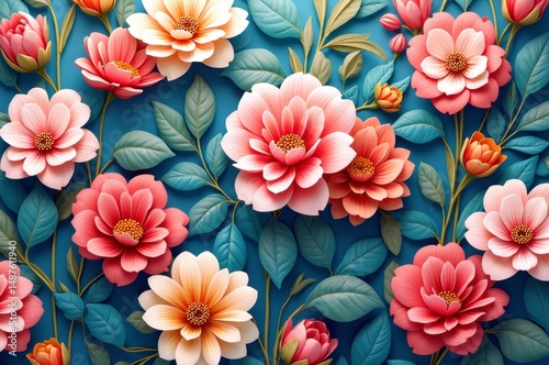 Colorful floral illustration with pink flowers on a blue background