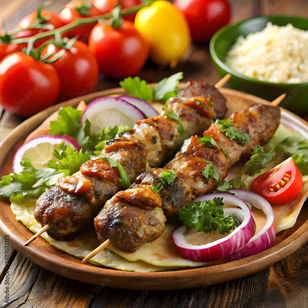 Close-up of a kebab dish served as flavorful grilled meat with fresh vegetables Close-up of a kebab dish served as flavorful grilled meat with fresh vegetables