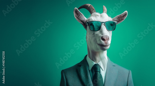 Realistic goat in formal black suit and tie on teal background blending elegance with surreal humour and satire