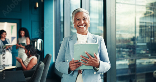 Office, mature and businesswoman with tablet in portrait, news story and notification for blog post. Newsroom, female person and editor with technology for publication, article website and happiness