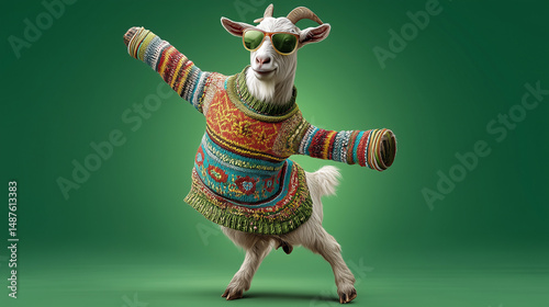 A dancing goat in sunglasses and Colorful sweater standing on green background