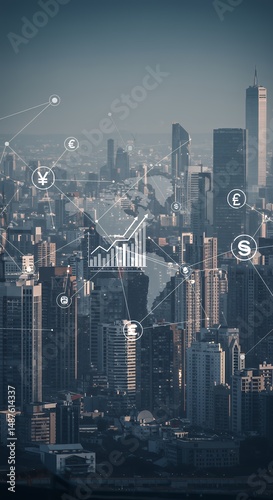 City skyline with global financial technology overlay and data charts