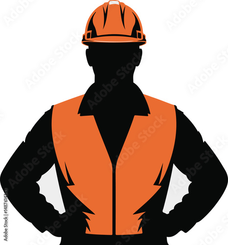 Construction Worker silhouette of a construction worker, in a high visibility vest and helmet, stands with hands on hips, a symbol of readiness and vigilance, poised to tackle any project.