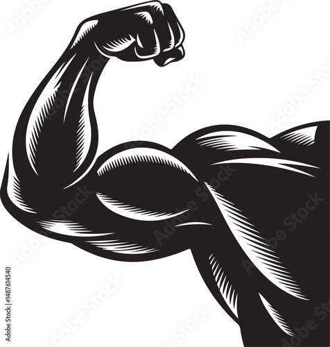 Muscular Arm Flexing in Power detailed illustration of a strong arm flexed in a show of strength and power, showcasing defined muscles and a clenched fist.