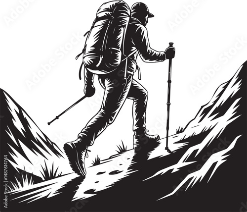 Scaling Peaks inspiring, illustrated trekker ascends a steep mountain trail, embodying resilience and adventure in the face of a challenging climb.
