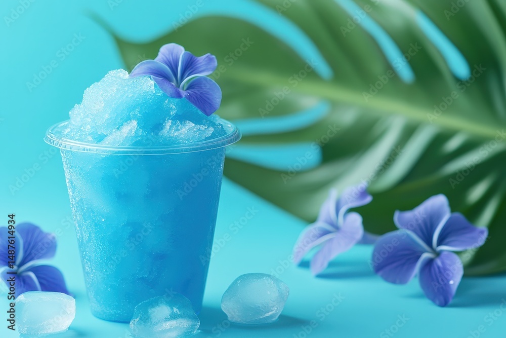Vibrant blue shaved ice drink with purple flowers. Vibrant blue shaved ice drink with purple flowers.