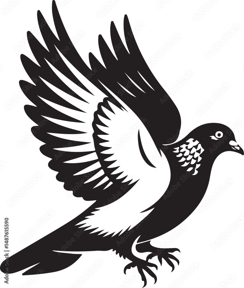 Fototapeta premium Soaring Silhouette stylized depiction of a pigeon in full flight, wings spread wide against a stark, monochromatic backdrop. This graphic illustration evokes a sense of freedom and grace.