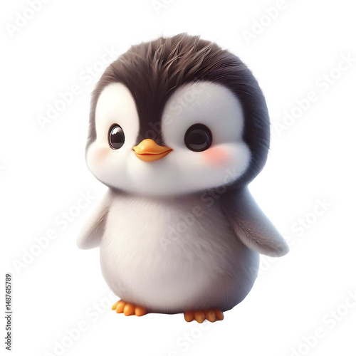 Adorable Cartoon Baby Penguin Character with Fluffy Feathers and Happy Expression