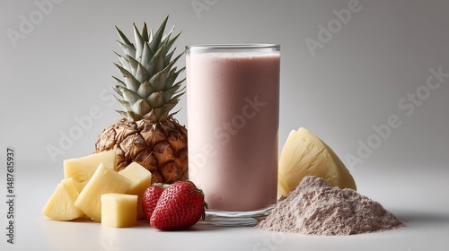 Refreshing tropical fruit smoothie with pineapple, strawberry and protein powder