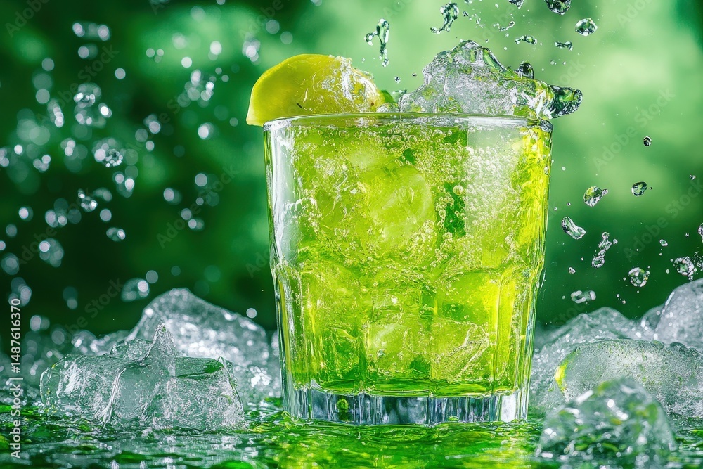 Fototapeta premium Refreshing lime drink with splashing ice.