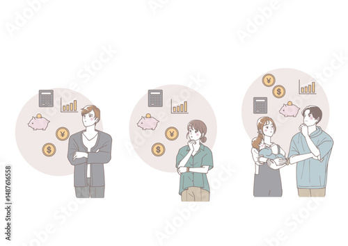 投資のことを考えている人々のイラストセット
