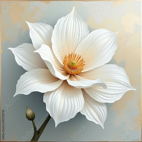 Painting of white flower with yellow center on canvas