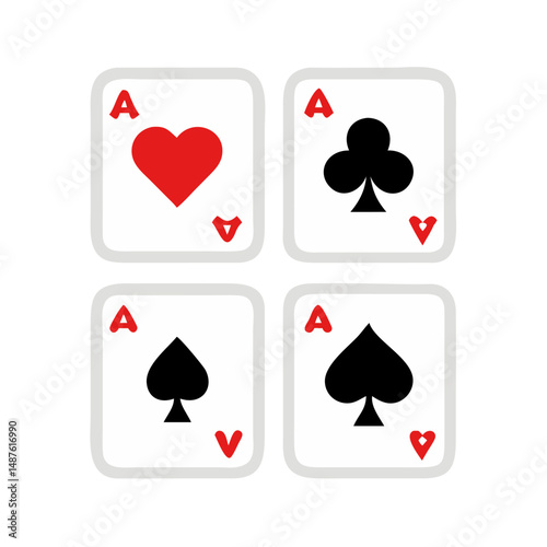 Playing Card Symbols. Isolated on white background, Card aces vector, diamonds, spades, hearts, clubs. aces of all four suits, Playing poker concept. Playing cards icon set, Gambling, Poker symbols. 

