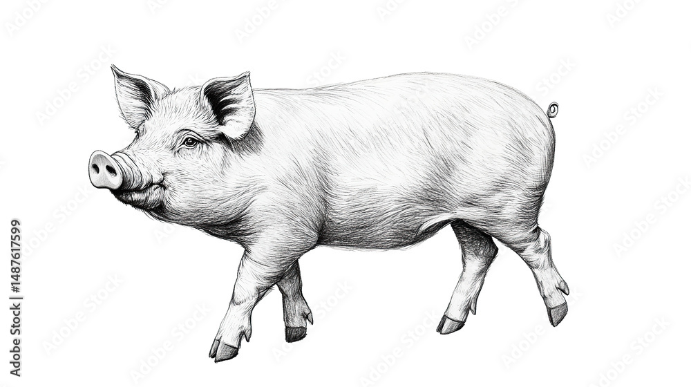 Fototapeta premium Pencil sketch of a pig isolated on transparent background. PNG
