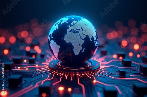 A globe on a circuit board with red lights