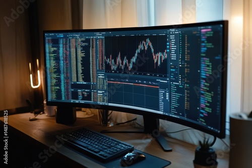Modern Trading Desk with Real-Time Stock Market Data on Monitors / Cryptocurrency and Stock Trading Interface on Ultrawide Screens / Financial Market Analysis on Dual Monitors in Dark Office Setup