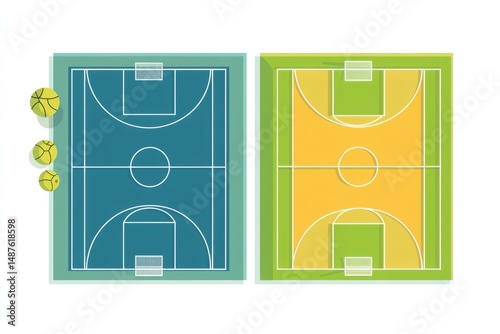Modern vector illustration of a basketball court, soccer field, and tennis court viewed from above with clean lines and natural tones, isolated on a white background, minimalism, stock vector