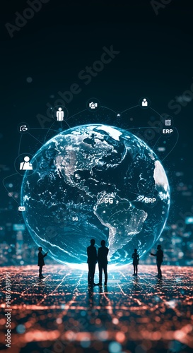 Digital Earth global network technology concept with people interacting with business icons