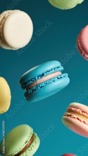 Colorful filled macarons against dark blue background with depth effect photo