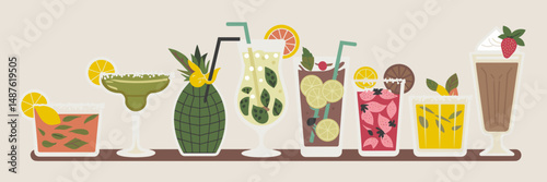 Vector illustration of a variety of summer drinks – Margarita, piña colada, mojito, lemonade, iced tea, strawberry daiquiri, and mocha frappe for food and beverage campaigns.