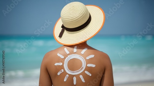 Young man sunburnt at beach in straw hat and sunglasses on sunny day
