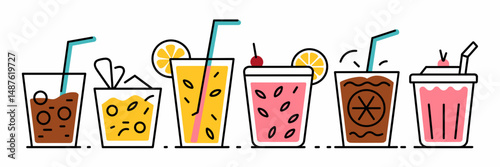 Vector sheet icon illustration of summer drinks including iced tea, lemonade, pink lemonade, iced coffee, and smoothie – Great for beverage branding, healthy lifestyle content, or summer marketing.