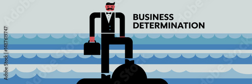 Vector icon with "Business Determination" showing a businessman with a mustache, suit, and briefcase standing on a rock near water – Ideal for leadership, business goals, or motivation-themed content.