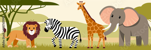 Vector illustration of a safari scene with a lion, zebra, giraffe, and elephant in a grassy field with trees