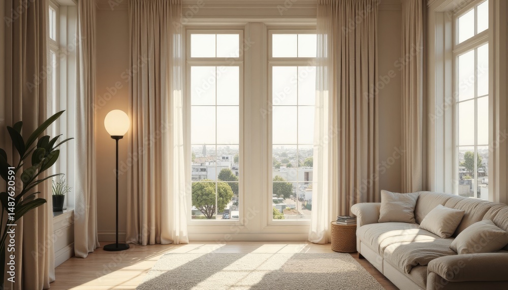 Fototapeta premium Bright Living Room with Large Windows and Elegant Curtains