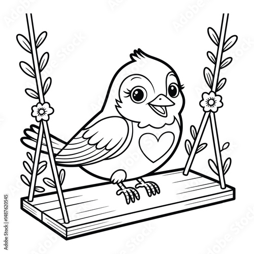 Bird on swing with heart shapes Coloring Page, Silhouette, Vector, Illustration, Icon, Logo, White Background.