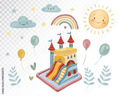 Castle with Slide Sun Rainbow and Balloons Vector Illustration for Fun Kids Themes in Pastel Colors for Playful Nursery Decor