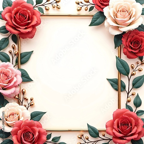 Beautiful roses around a golden frame design template with blank space for greeting card