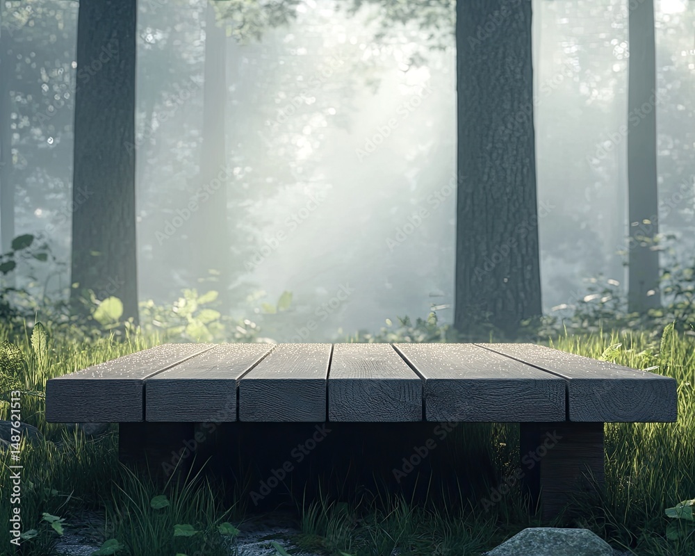 Fototapeta premium Misty forest scene with a wooden platform.