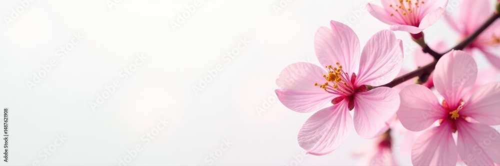 Fototapeta premium Delicate pastel pink blossom, pristine white backdrop, texture, plants, summertime