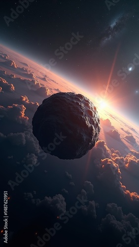 Asteroid in space near Earths clouds at sunrise