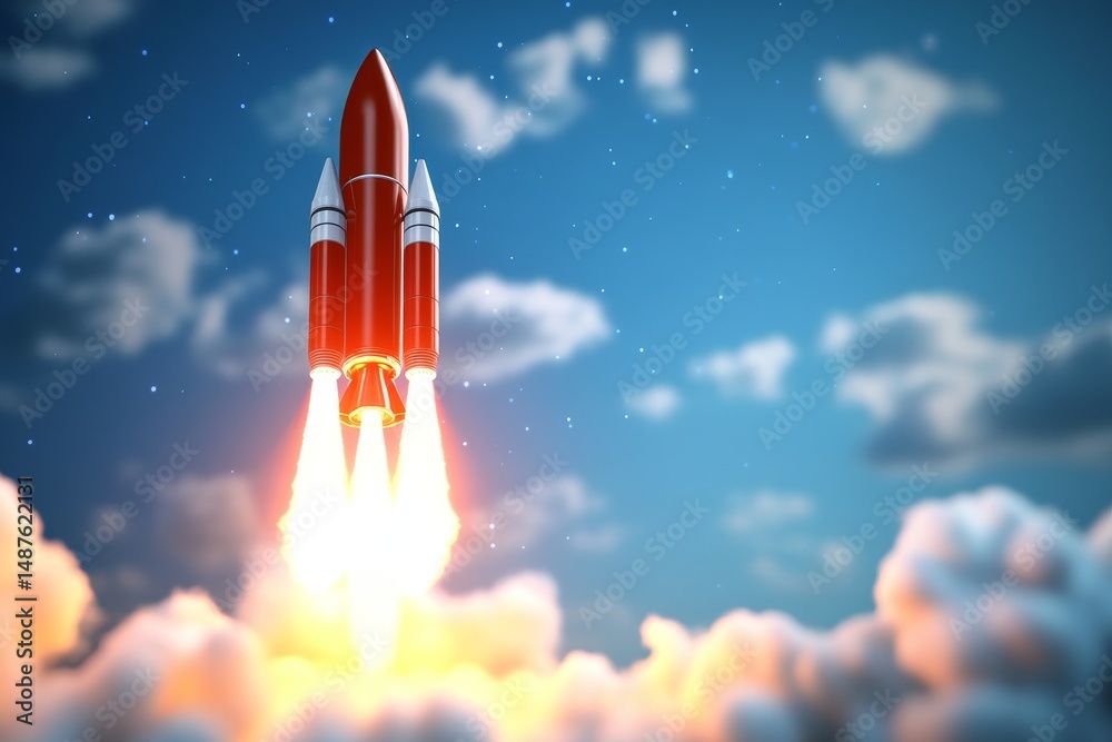 Naklejka premium Rocket Launch into Space - A red rocket ascends through the clouds, leaving a fiery trail against a twilight sky. A powerful symbolizing new beginnings and innovation