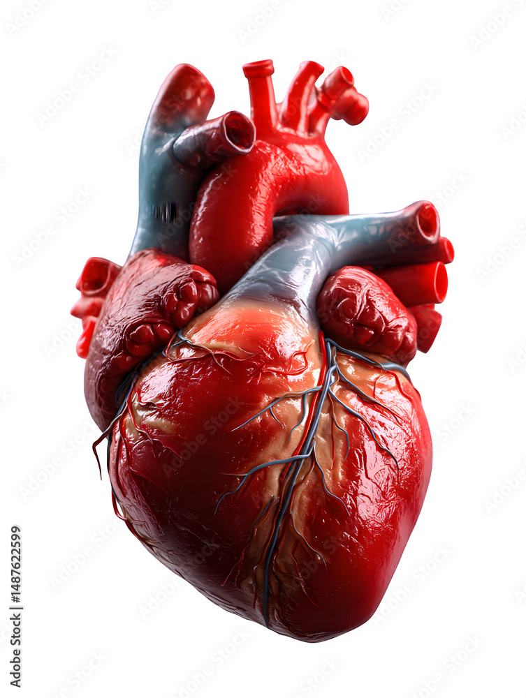 Naklejka premium 3D render of human heart with arteries and veins, detailed anatomy, isolated to transparent background