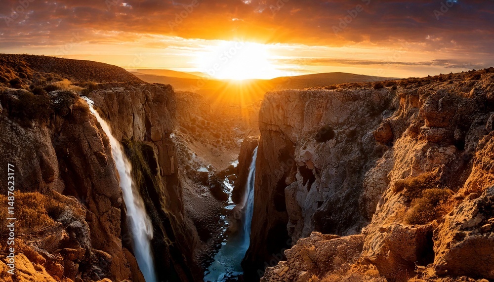 Fototapeta premium Espectacular paisaje de cañón con cascada oculta al atardecer