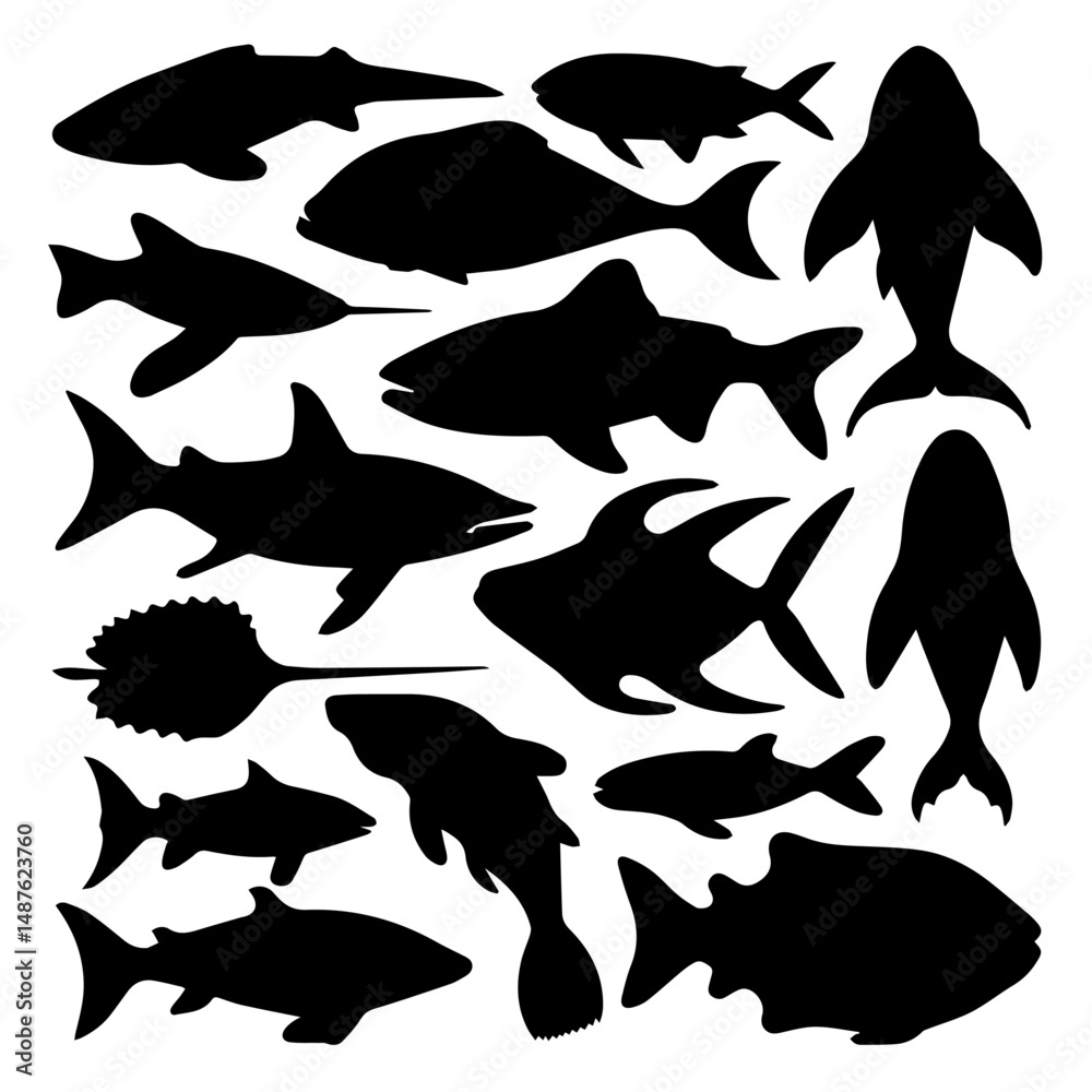 Fototapeta premium A collection of black marine animal silhouettes on a white background, featuring sharks, whales, crabs, octopus, starfish, fish, and other sea creatures in various poses.