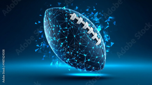 Abstract rugby ball from lines and triangles, point connecting network on blue background. Illustration vector