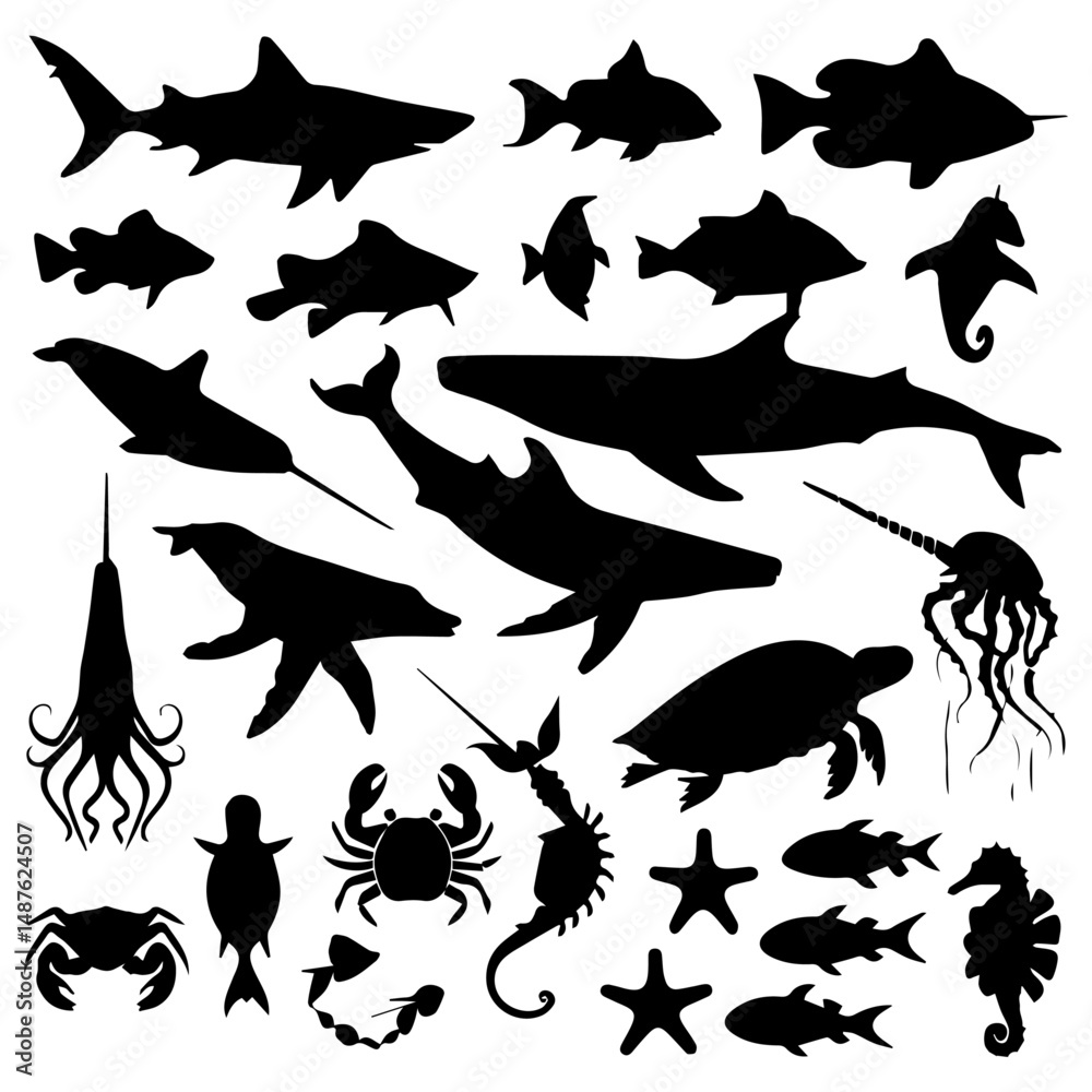 Fototapeta premium A collection of black marine animal silhouettes on a white background, featuring sharks, whales, crabs, octopus, starfish, fish, and other sea creatures in various poses.