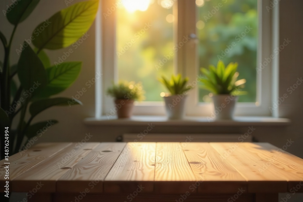Fototapeta premium Small wooden corner table with copy space, soft home bokeh, furniture, decoration