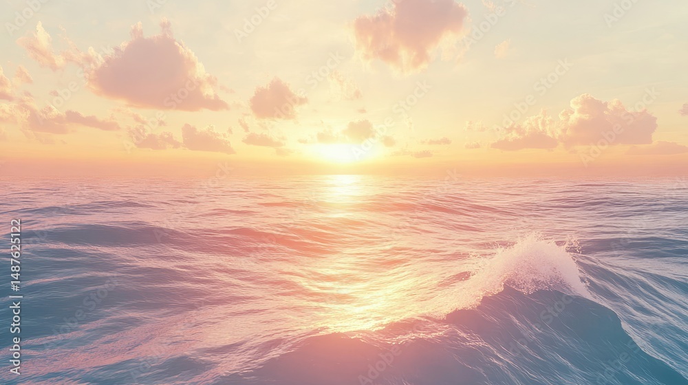 Obraz premium Serene Sunset Ocean - Peaceful ocean waves at sunset, calm water, soft light, beautiful sky, tranquil scene