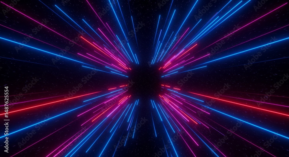 Naklejka premium Neon lines radiating from a central point in a dark space