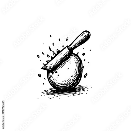 Dramatic monochrome illustration of a knife piercing a sphere with artistic flair
