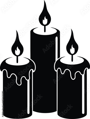 Three Burning Candles with Melting Wax Silhouette