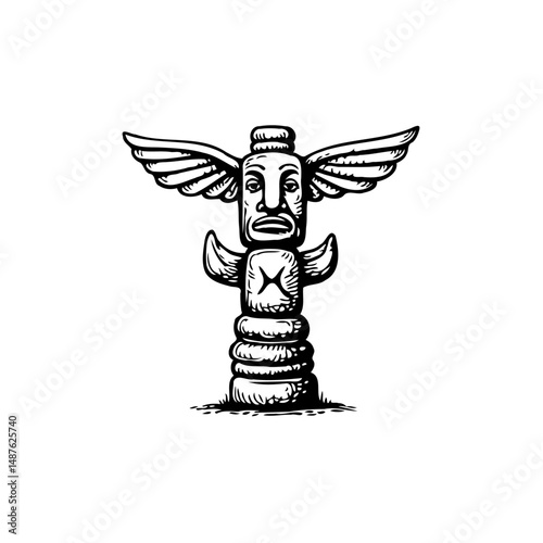 Monochrome winged totem structure evoking ancient traditions and heritage