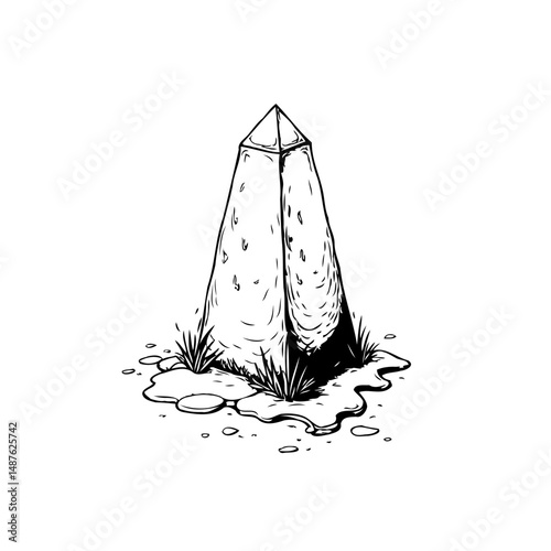 Monochrome obelisk illustration with grassy base on a clean white backdrop
