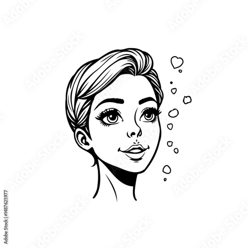 Stylized monochrome portrait of a woman gazing upwards with heart shapes