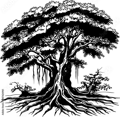 Black silhouette vector illustration of a tree with detailed roots, a drawing representing nature and the forest